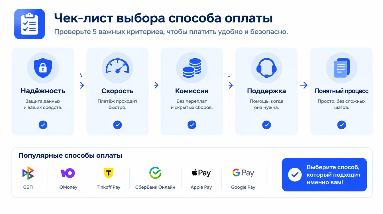 Схема: чек-лист выбора способа оплаты — надёжность, скорость, комиссия, поддержка, понятный процесс