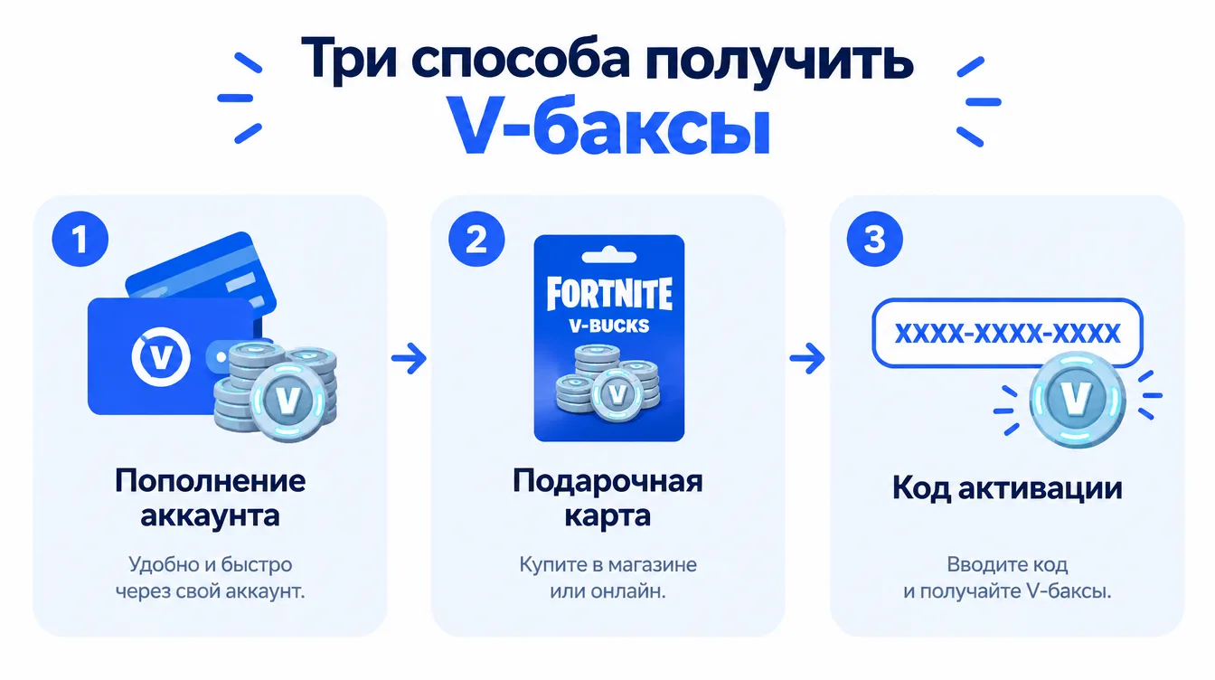 Схема: три способа получить V-баксы — пополнение аккаунта, подарочная карта, код активации