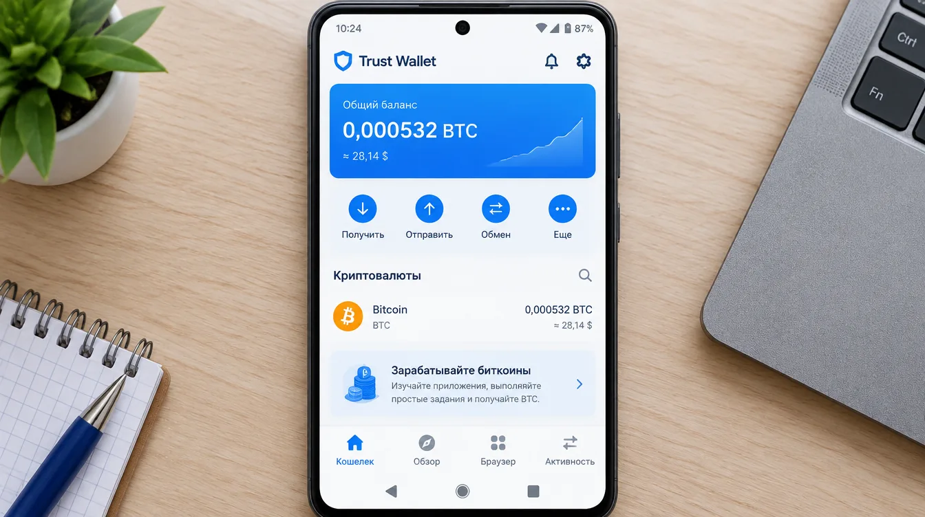 Скриншот: экран смартфона на Android с мобильным кошельком и небольшим балансом в биткоинах
