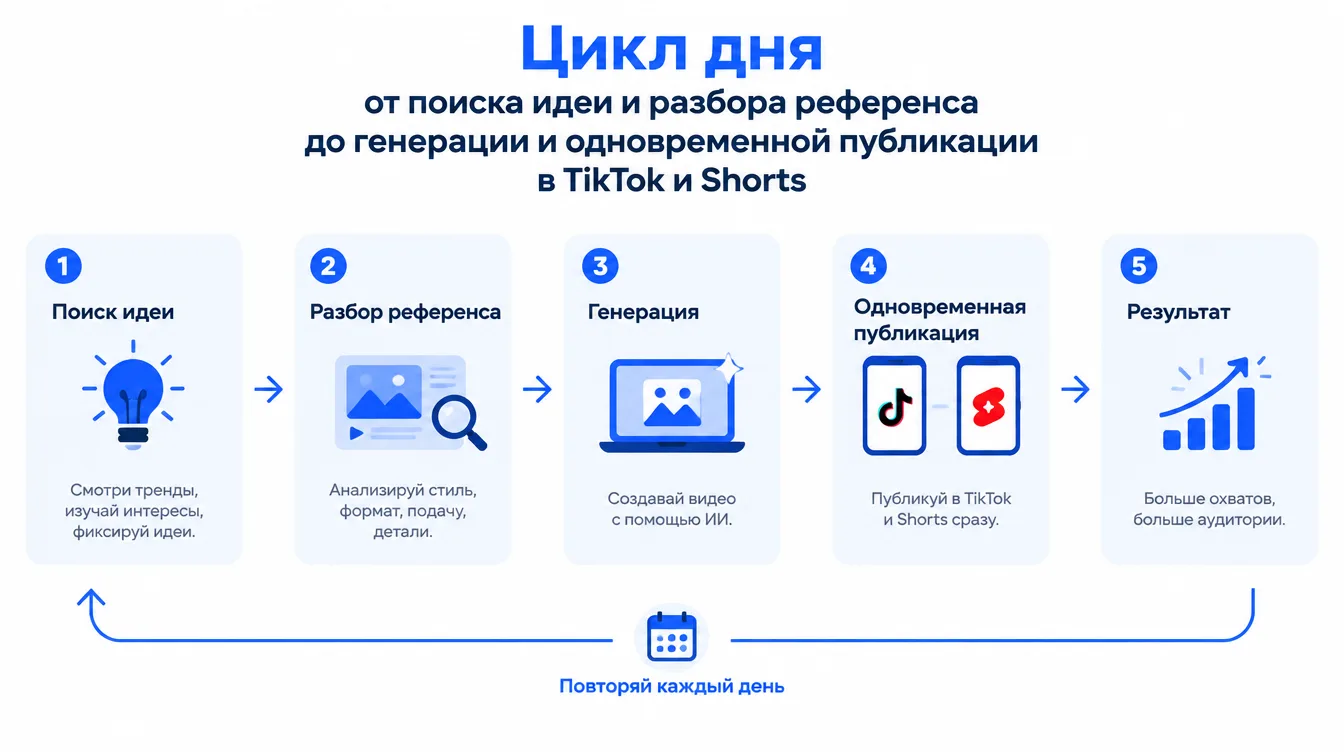 Схема: цикл дня от поиска идеи и разбора референса до генерации и одновременной публикации в TikTok и Shorts