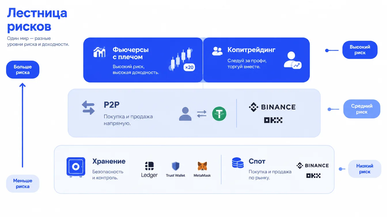 Схема: лестница рисков — хранение и спот внизу, P2P как вход и выход посередине, копитрейдинг и фьючерсы с плечом наверху