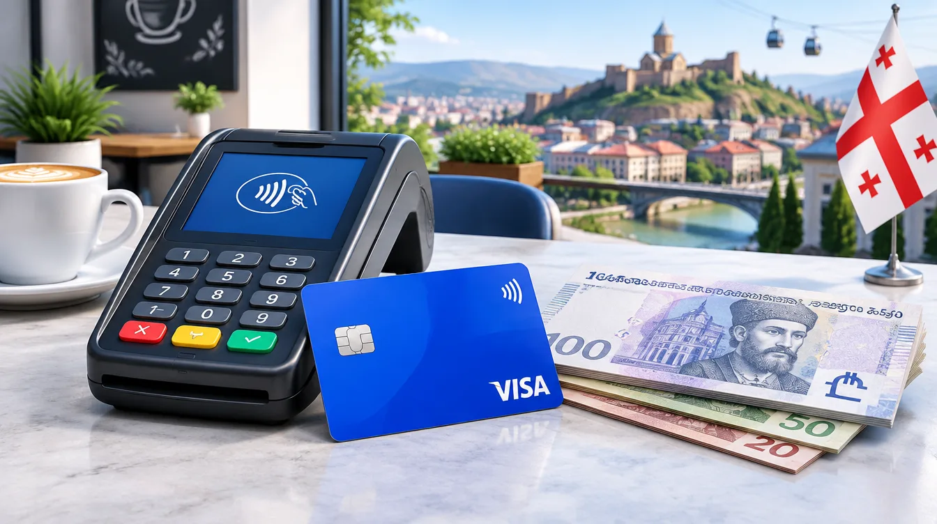 Фото: терминал бесконтактной оплаты в кафе Тбилиси и рядом карта Visa и пачка грузинских лари