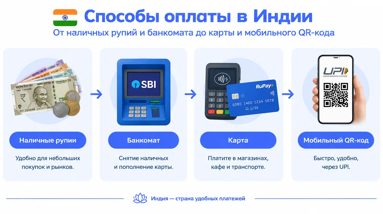 Схема: способы оплаты в Индии, от наличных рупий и банкомата до карты и мобильного QR-кода