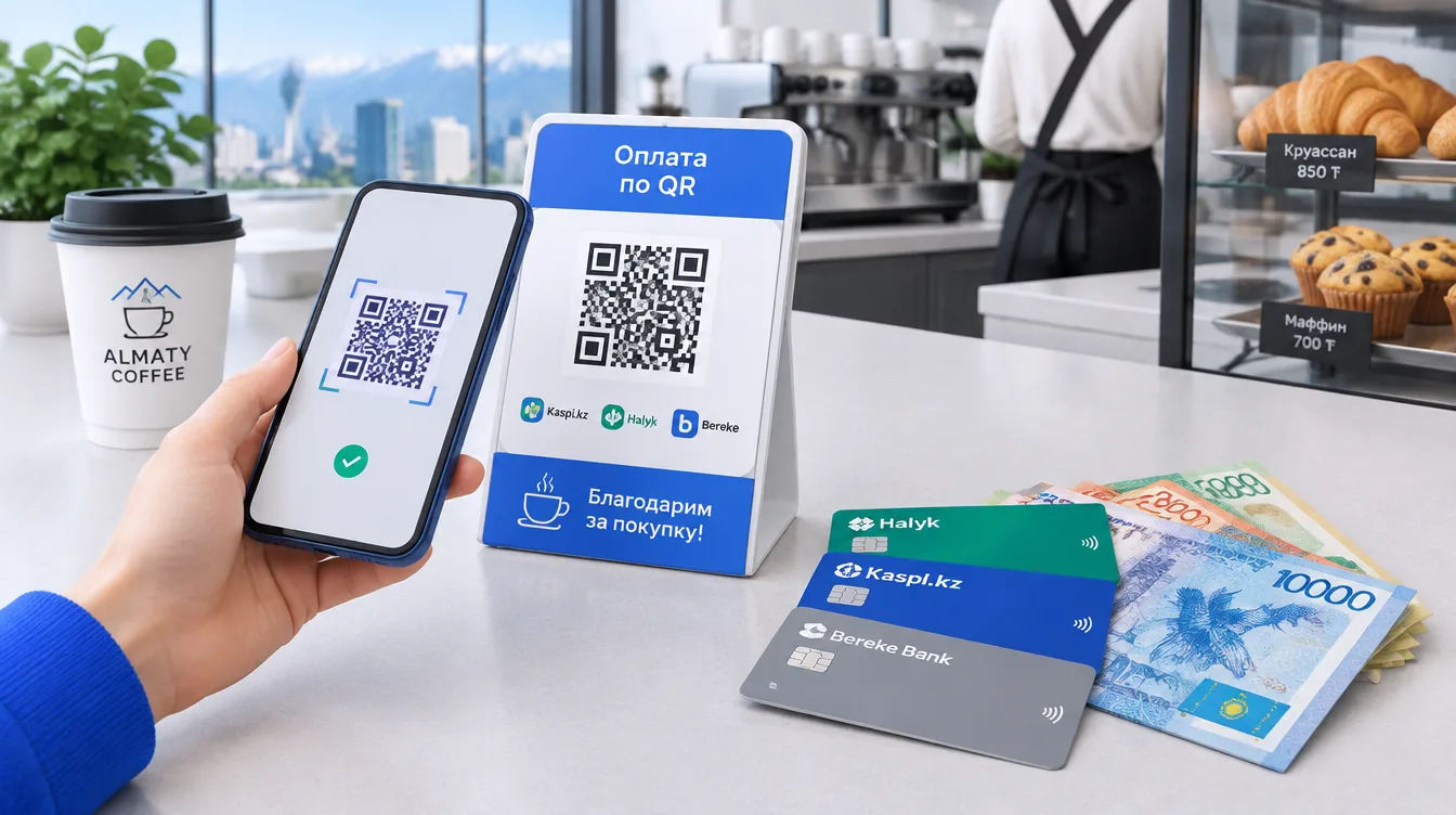 Фото: QR-код оплаты на кассе кофейни в Алматы и карта с наличными тенге
