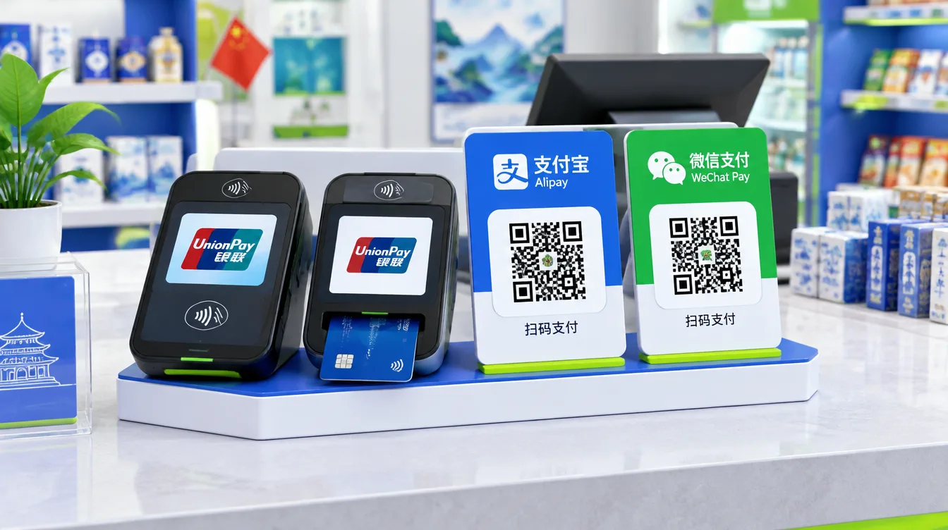 Иллюстрация: стойка с терминалами UnionPay, Visa и QR-кодами Alipay и WeChat Pay в китайском магазине