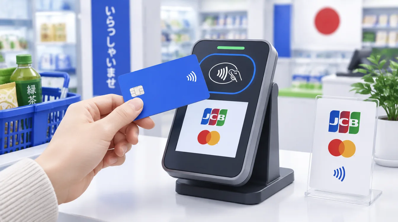 Иллюстрация: кассовый терминал с бесконтактной оплатой и значками Visa, Mastercard и JCB в японском магазине