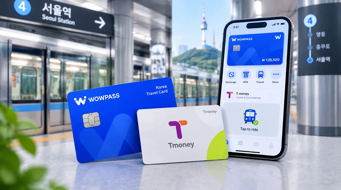 Фото: туристическая карта WOWPASS рядом с картой T-money и смартфоном на фоне сеульского метро
