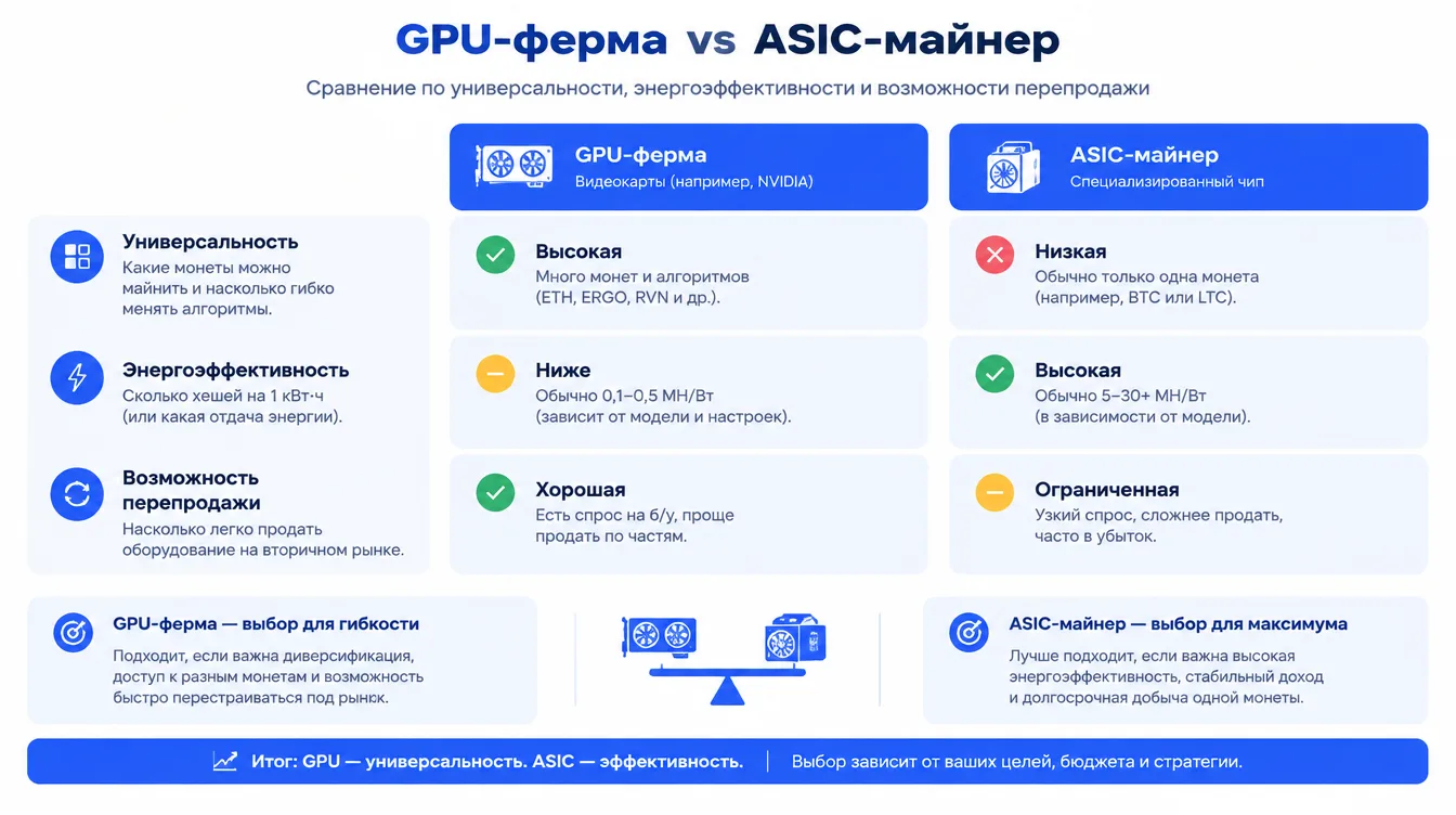 Схема: сравнение GPU-фермы и ASIC-майнера по универсальности, энергоэффективности и возможности перепродажи