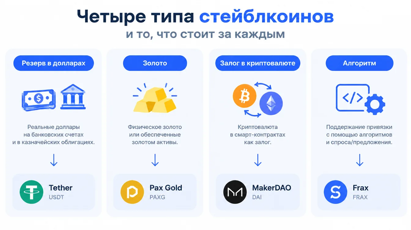 Схема: четыре типа стейблкоинов и то, что стоит за каждым — резерв в долларах, золото, залог в криптовалюте и алгоритм