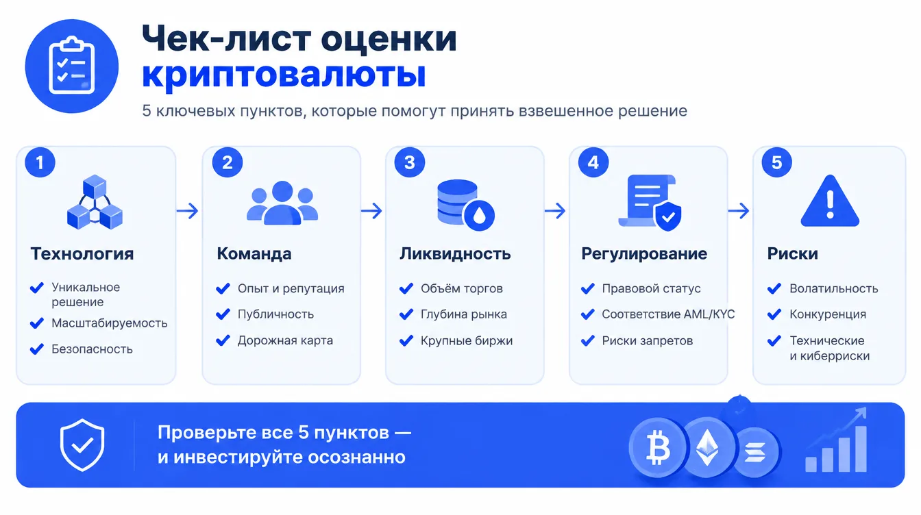 Схема: чек-лист оценки криптовалюты с пунктами технология, команда, ликвидность, регулирование и риски