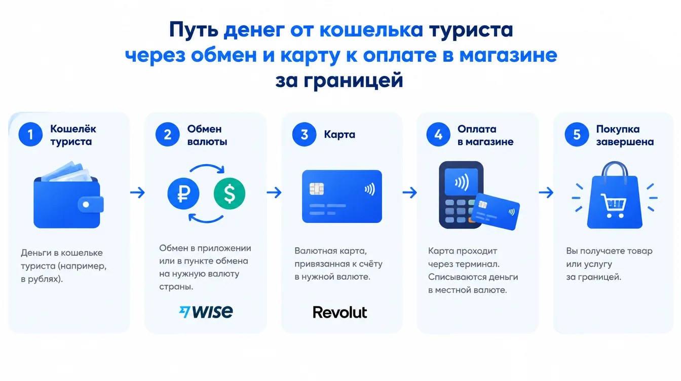 Схема: путь денег от кошелька туриста через обмен и карту к оплате в магазине за границей