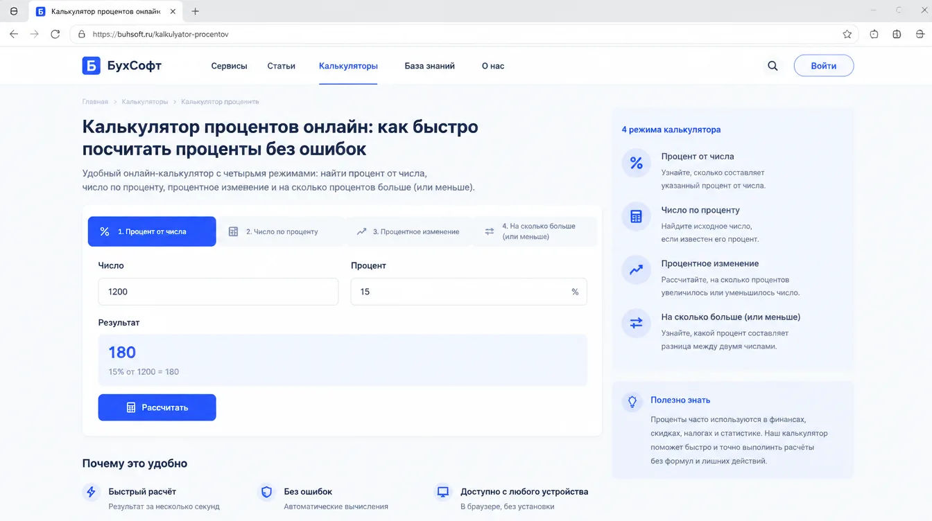 Скриншот: онлайн-калькулятор процентов с четырьмя режимами и полем результата