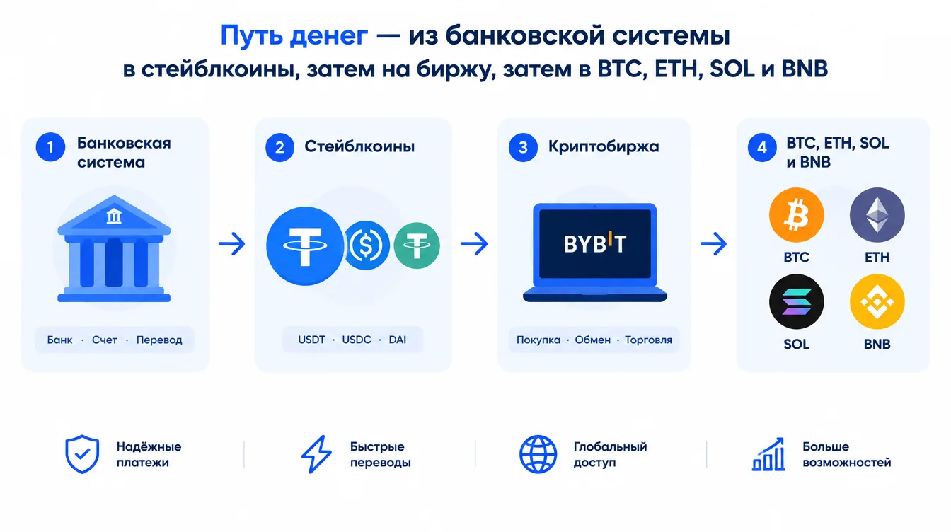 Схема: путь денег — из банковской системы в стейблкоины, затем на биржу, затем в BTC, ETH, SOL и BNB