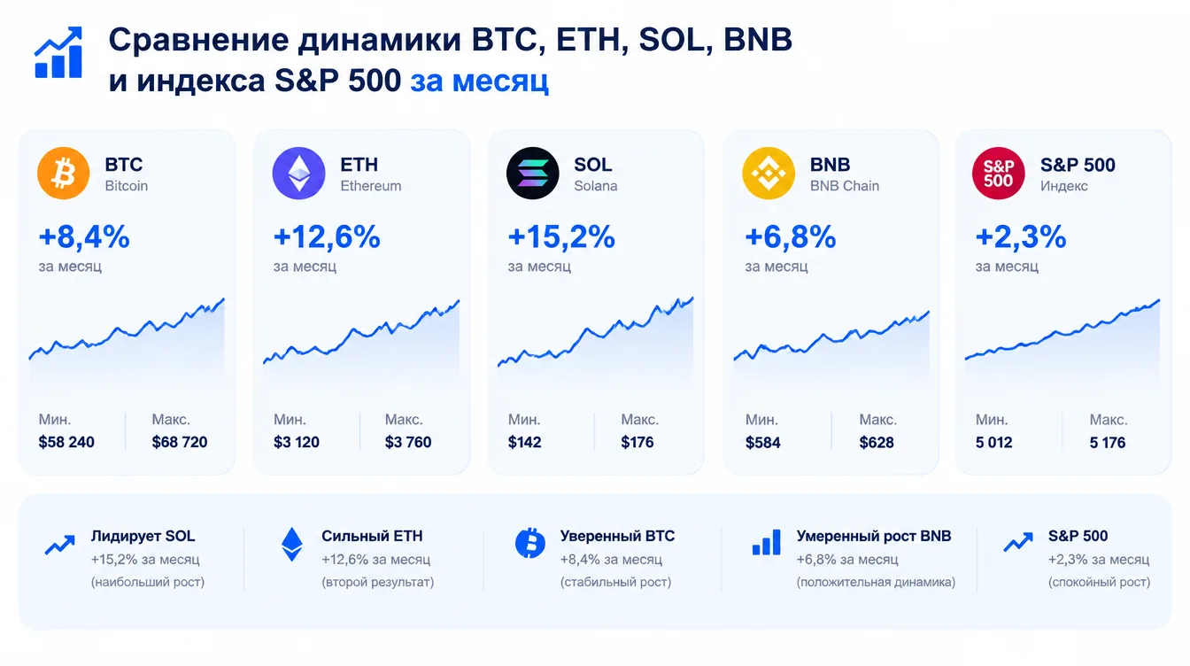 График-заглушка: сравнение динамики BTC, ETH, SOL, BNB и индекса S&P 500 за месяц
