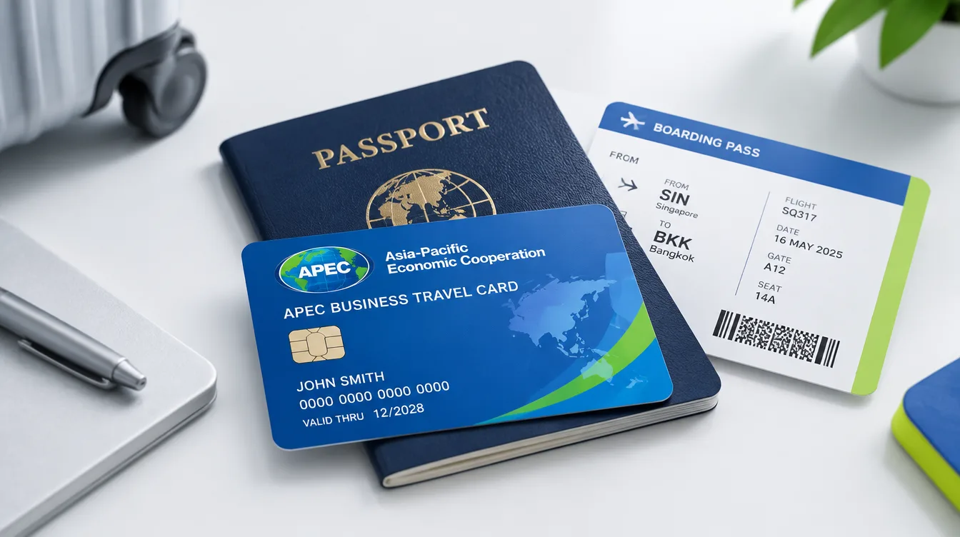 Фото: пластиковая карта делового путешественника APEC рядом с загранпаспортом и посадочным талоном
