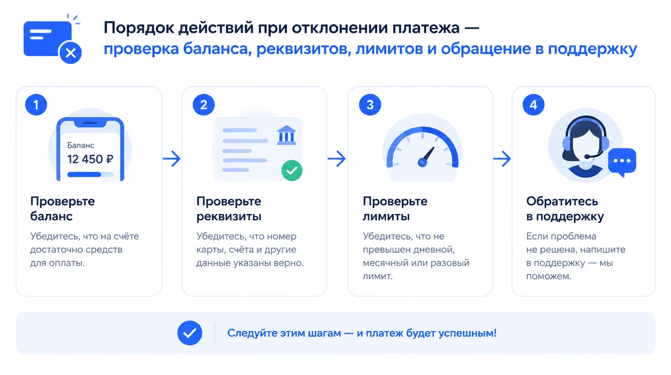 Схема: порядок действий при отклонении платежа — проверка баланса, реквизитов, лимитов и обращение в поддержку