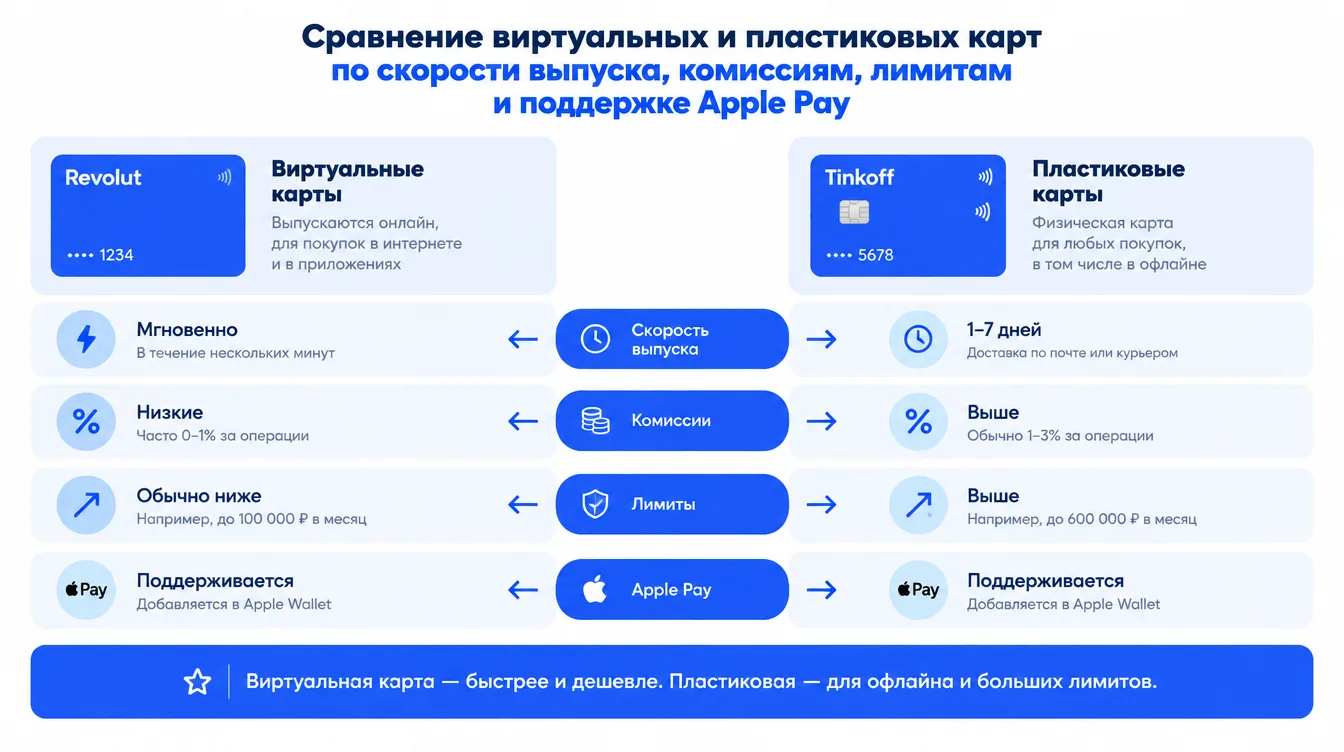 Таблица: сравнение виртуальных и пластиковых карт по скорости выпуска, комиссиям, лимитам и поддержке Apple Pay