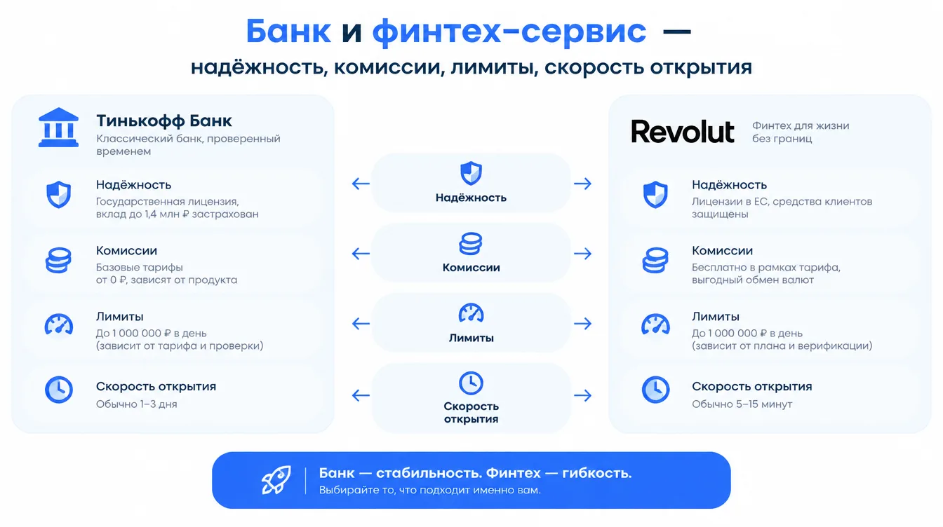 Сравнительная схема: банк и финтех-сервис — надёжность, комиссии, лимиты, скорость открытия