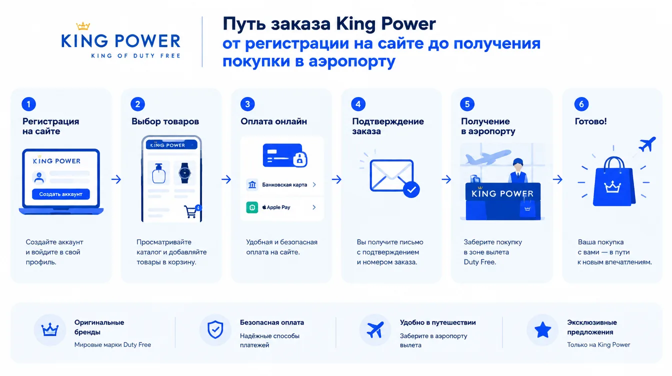 Схема: путь заказа King Power от регистрации на сайте до получения покупки в аэропорту
