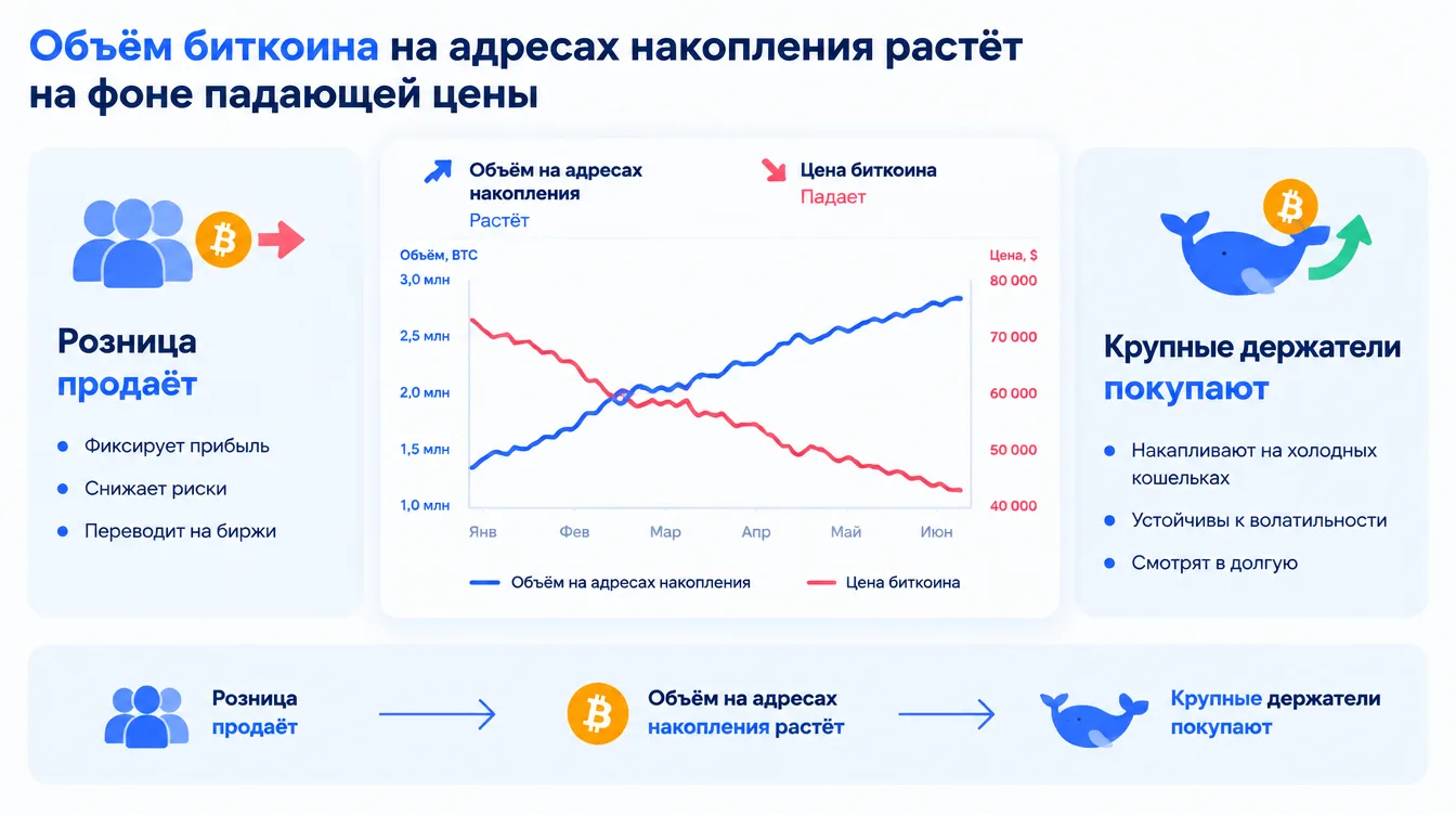 График: объём биткоина на адресах накопления растёт на фоне падающей цены, подписи «розница продаёт» и «крупные держатели покупают»