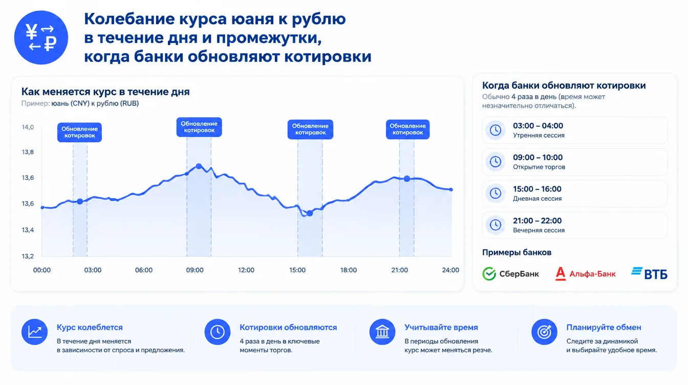 Схема: колебание курса юаня к рублю в течение дня и промежутки, когда банки обновляют котировки