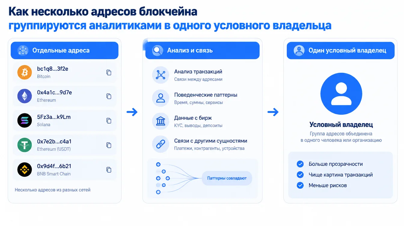 Схема: как несколько адресов блокчейна группируются аналитиками в одного условного владельца