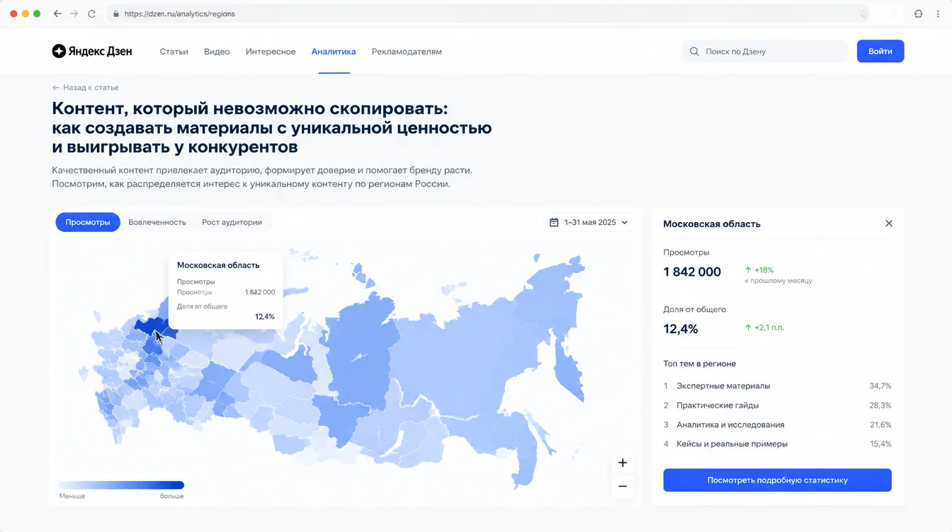 Скриншот: пример интерактивной карты с данными по регионам, на которую клик показывает статистику