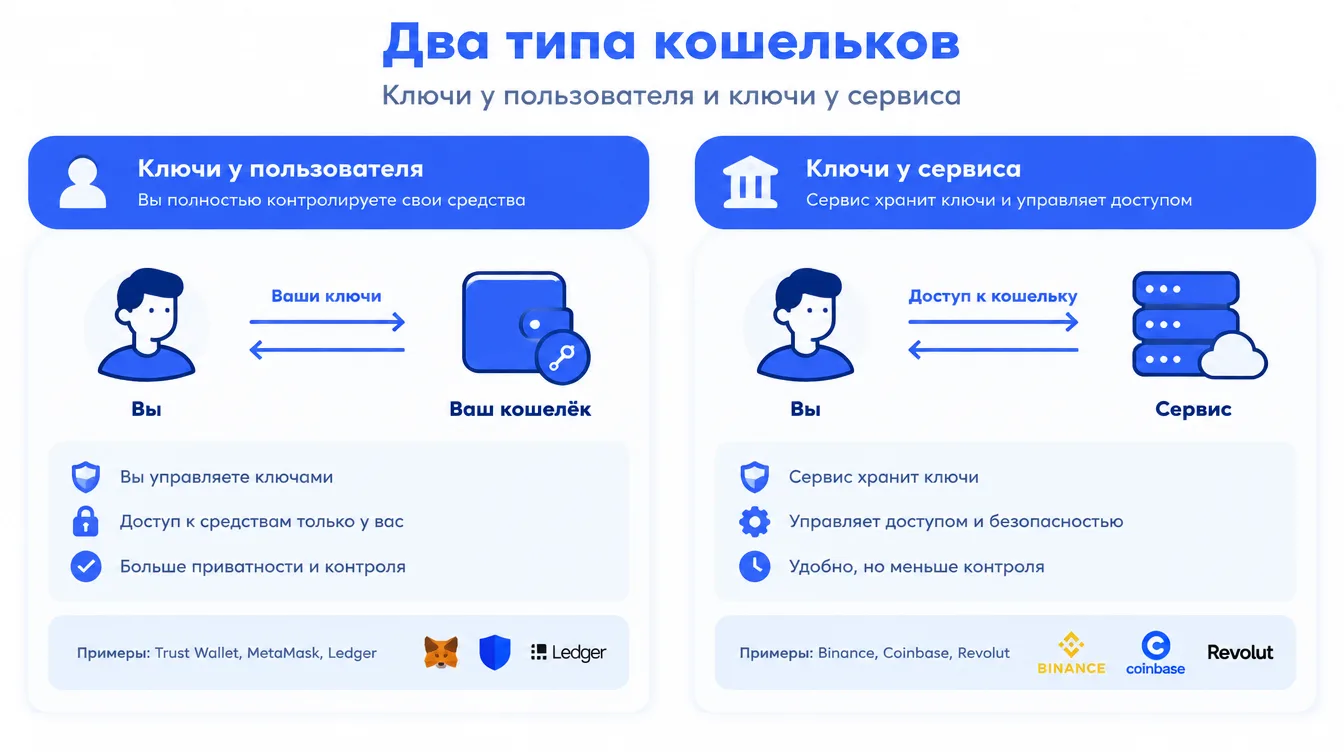 Схема: два типа кошельков — ключи у пользователя и ключи у сервиса, со стрелками ответственности