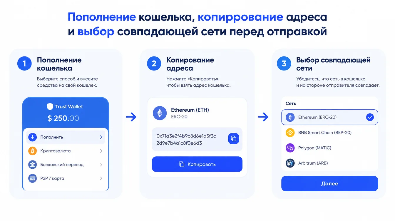 Схема: пополнение кошелька, копирование адреса и выбор совпадающей сети перед отправкой