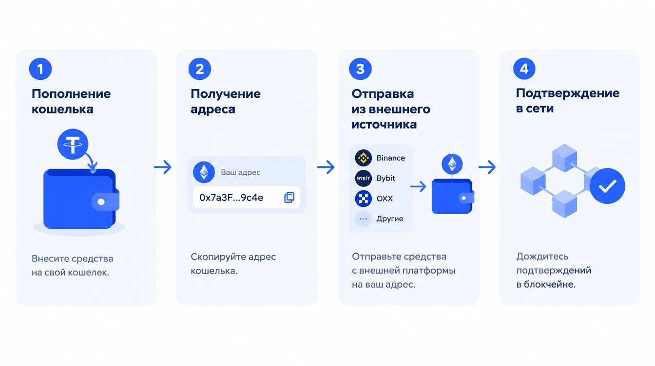 Схема: пополнение кошелька, получение адреса, отправка из внешнего источника и подтверждение в сети