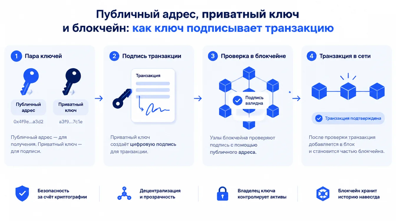 Схема: связка публичного адреса, приватного ключа и блокчейна, где ключ подписывает транзакцию