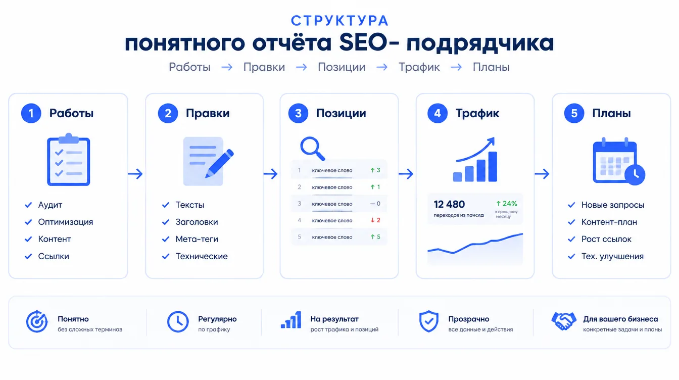 Схема: структура понятного отчёта SEO-подрядчика — работы, правки, позиции, трафик, планы
