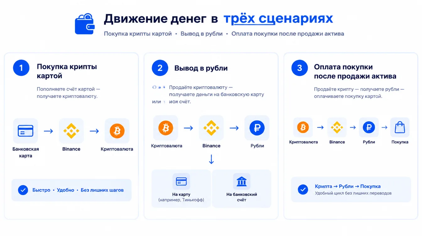 Схема: движение денег в трёх сценариях — покупка крипты картой, вывод в рубли и оплата покупки после продажи актива