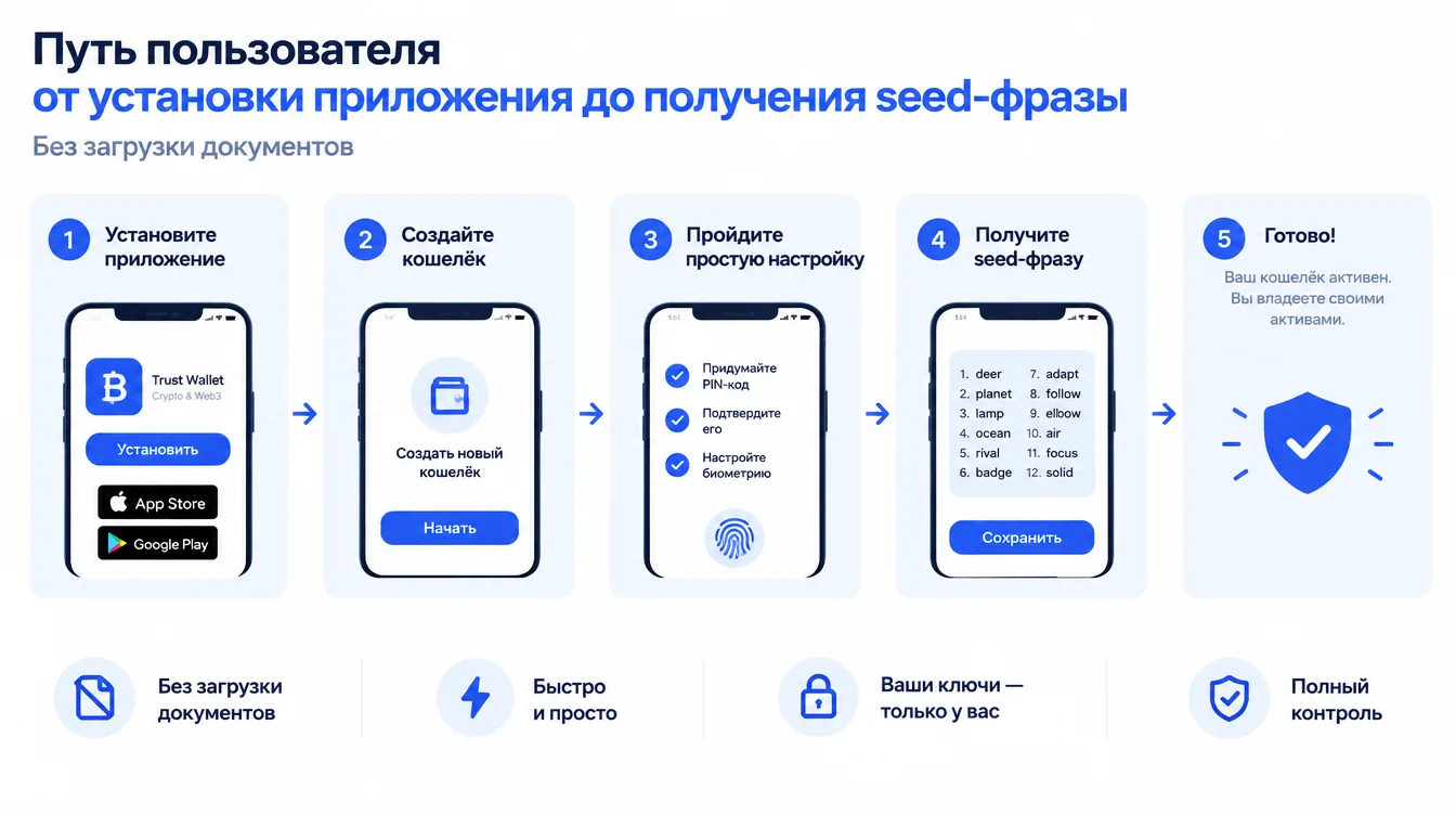 Схема: путь пользователя от установки приложения до получения seed-фразы без загрузки документов