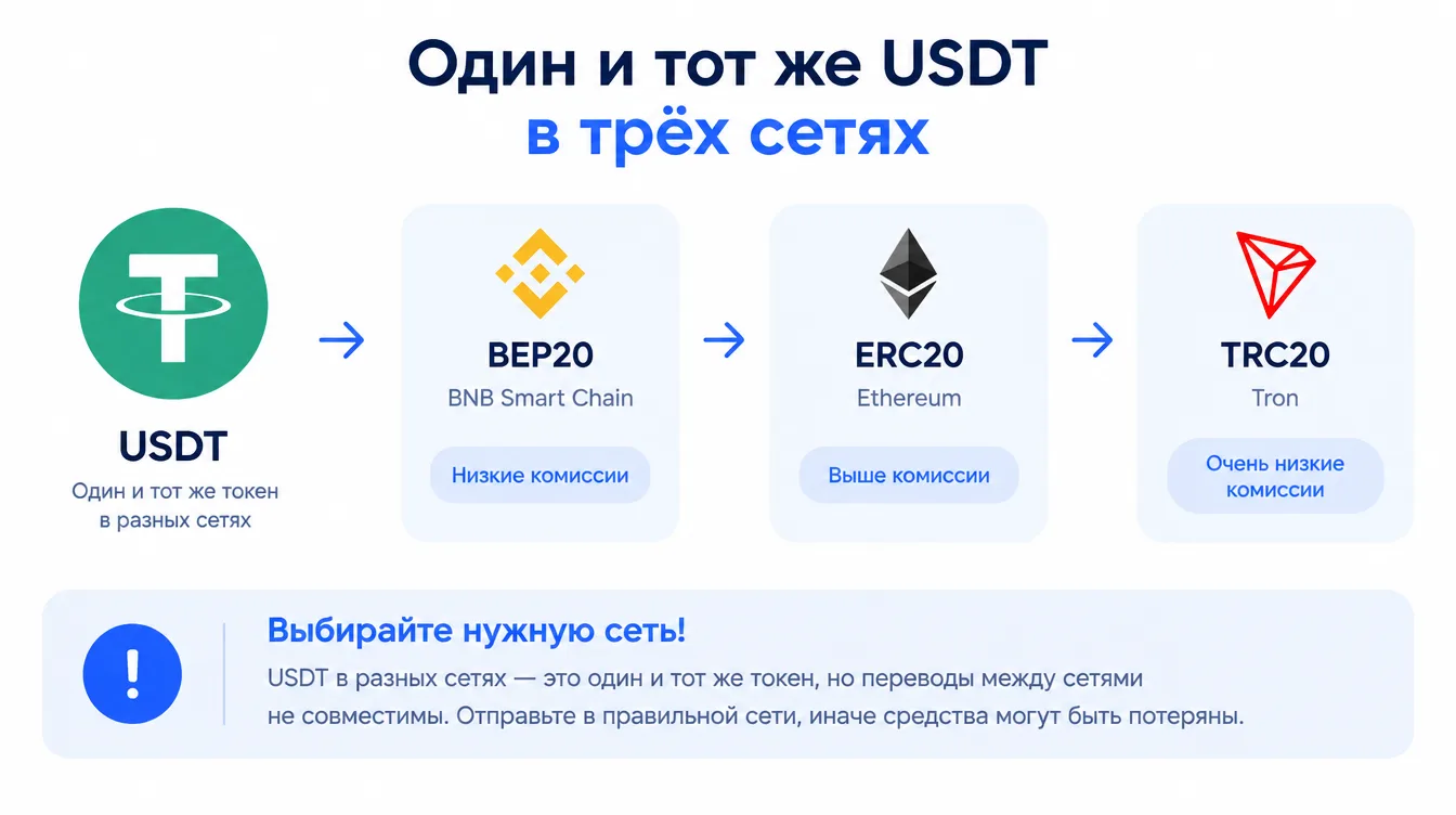 Схема: один и тот же USDT в трёх сетях — BEP20, ERC20, TRC20 — и предупреждение о выборе нужной сети