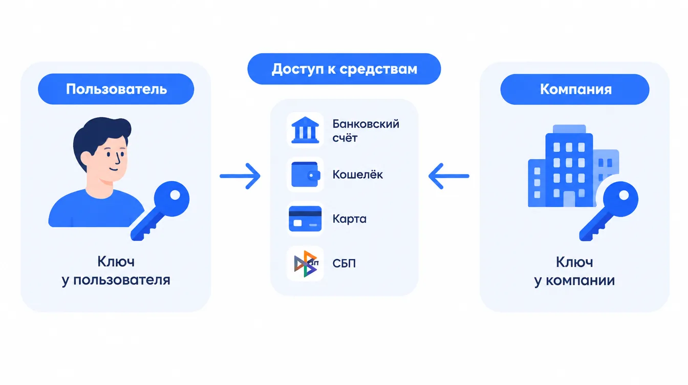 Схема: слева ключ хранит пользователь, справа ключ хранит компания, со стрелками доступа к средствам