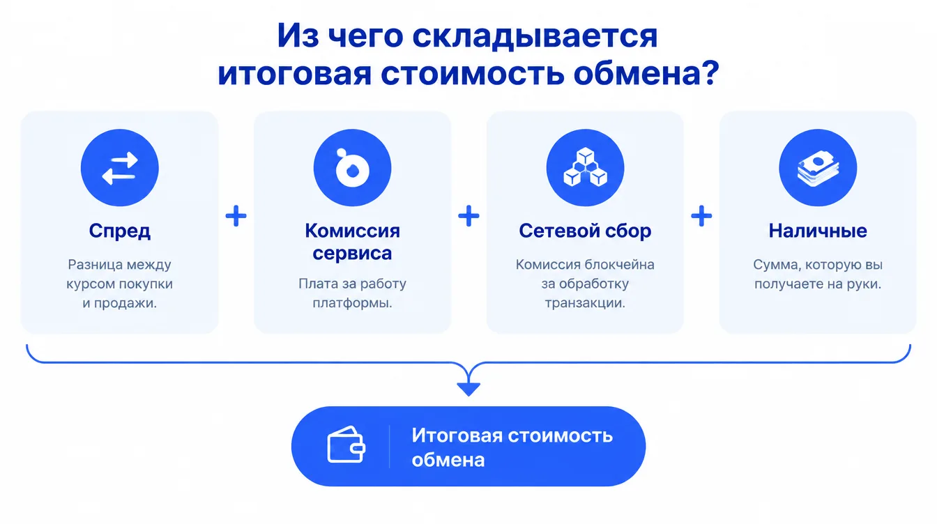 Схема: из чего складывается итоговая стоимость обмена — спред, комиссия сервиса, сетевой сбор, наличные