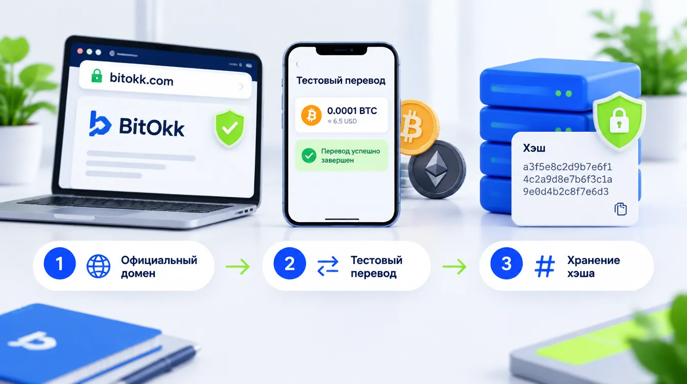 Иллюстрация: схема защиты от мошенников — официальный домен, тестовый перевод, хранение хэша