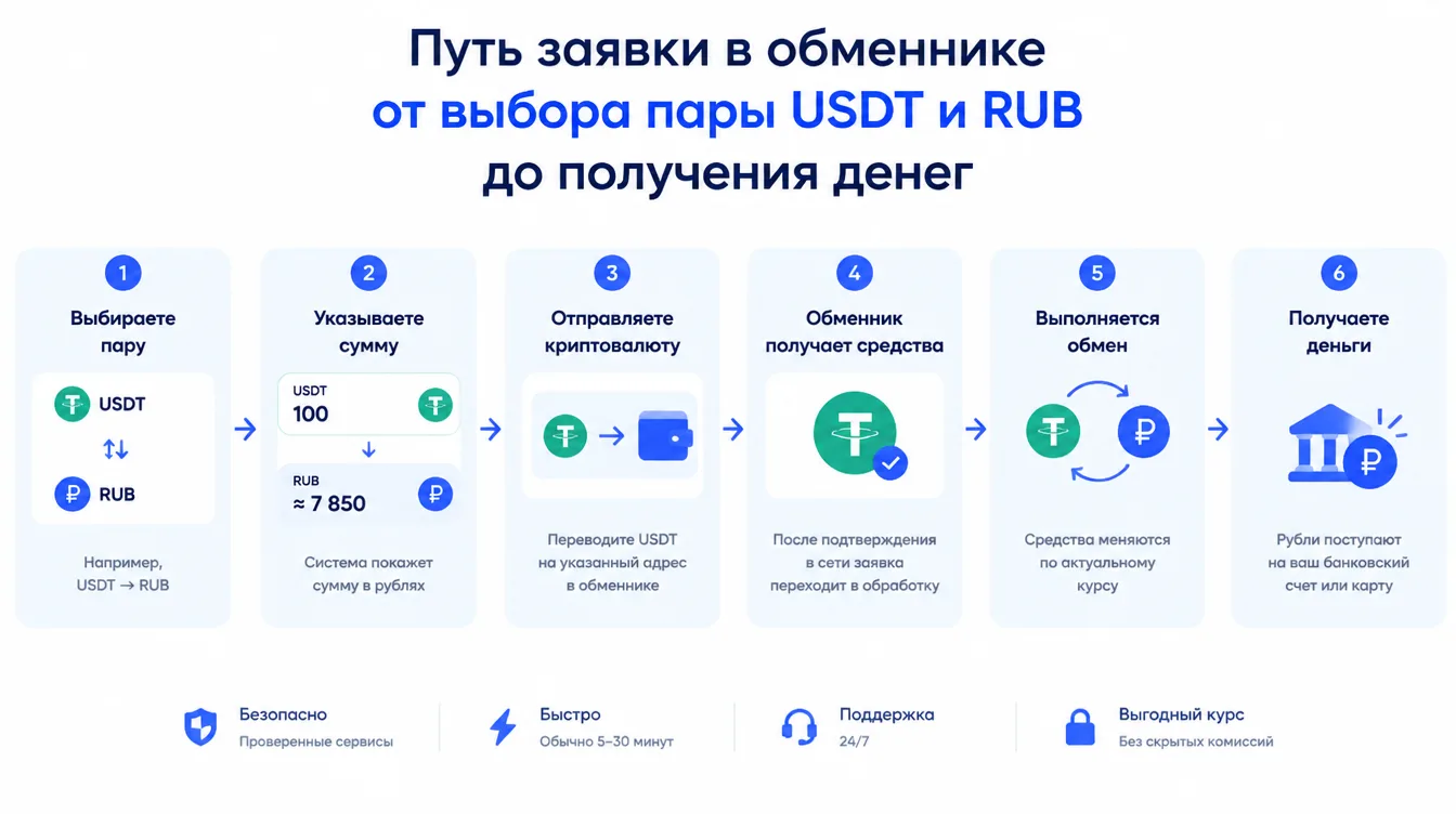 Схема: путь заявки в обменнике от выбора пары USDT и RUB до получения денег