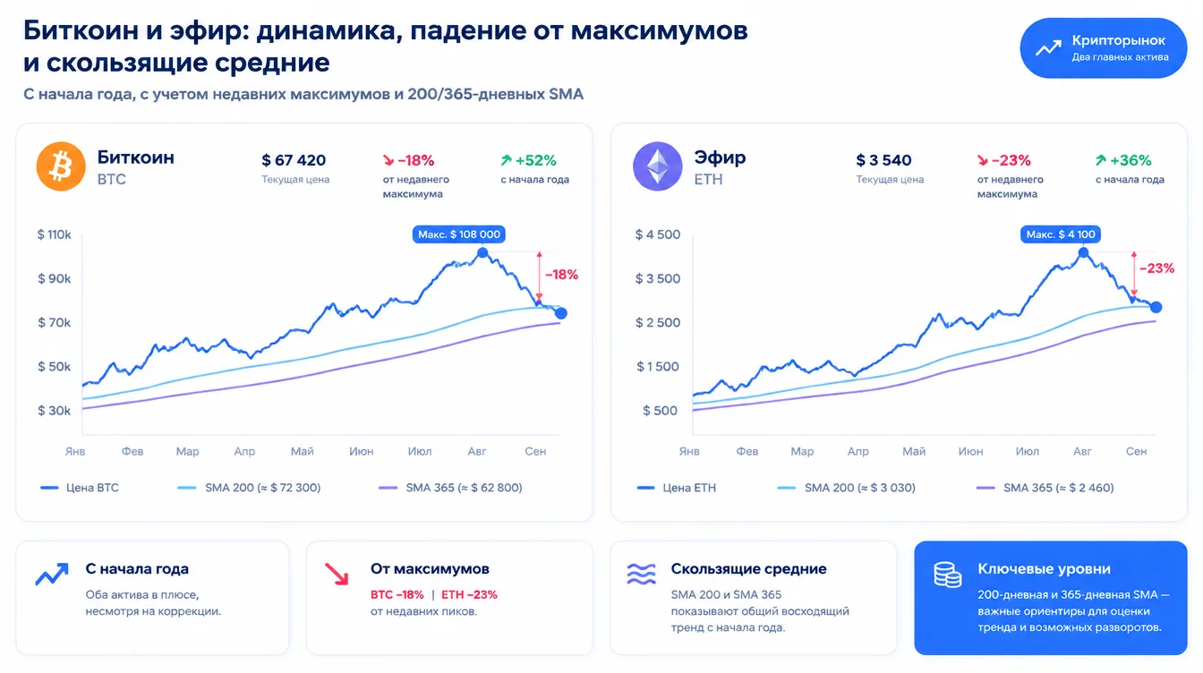 График: динамика цены биткоина и эфира с начала года, падение от недавних максимумов и скользящие средние за 200 и 365 дней