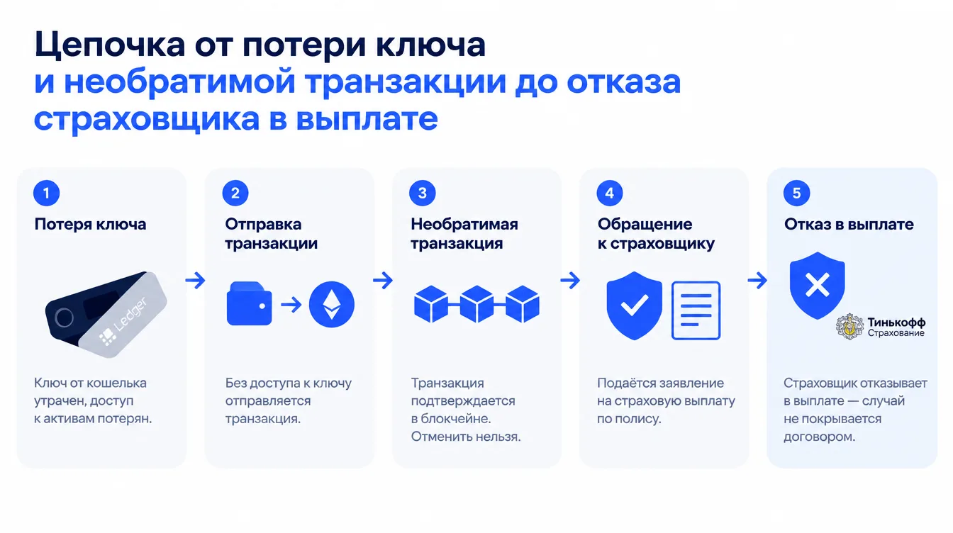 Схема: цепочка от потери ключа и необратимой транзакции до отказа страховщика в выплате
