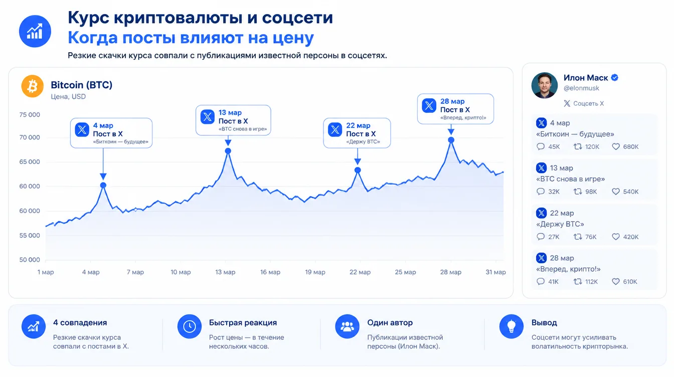 Схема: график курса криптовалюты с отметками дат, когда резкие скачки совпали с публикациями известной персоны в соцсетях