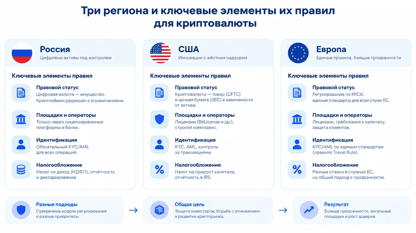 Схема: три региона (Россия, США, Европа) и ключевые элементы их правил для криптовалюты