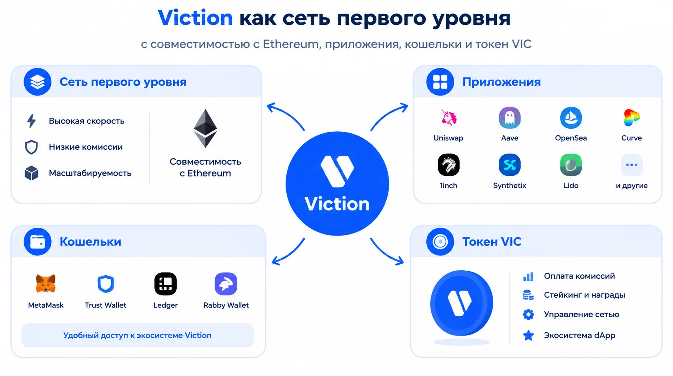Схема: Viction как сеть первого уровня с совместимостью с Ethereum, приложения, кошельки и токен VIC