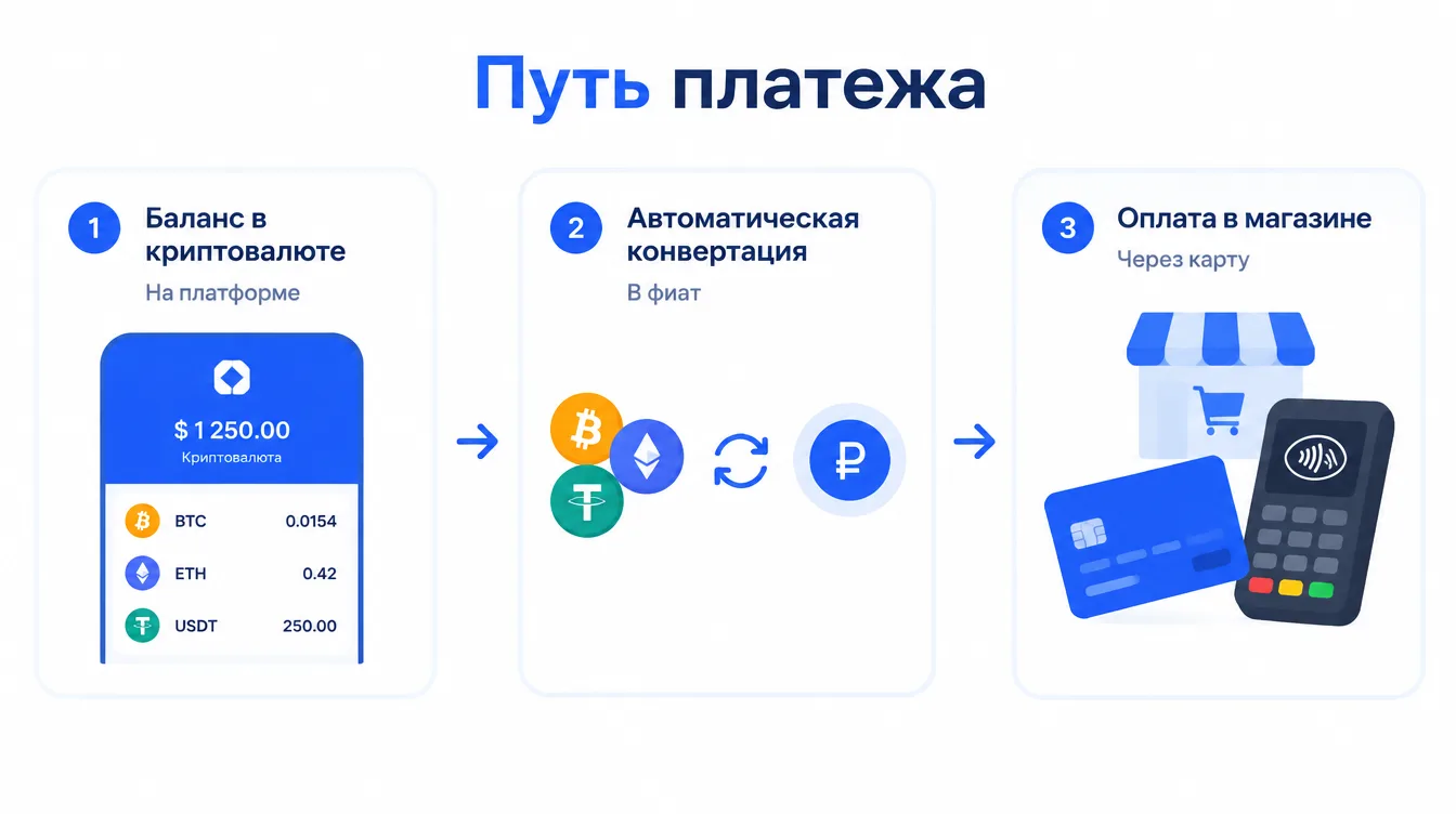 Схема: путь платежа — баланс в криптовалюте на платформе, автоматическая конвертация в фиат, оплата в магазине через Visa