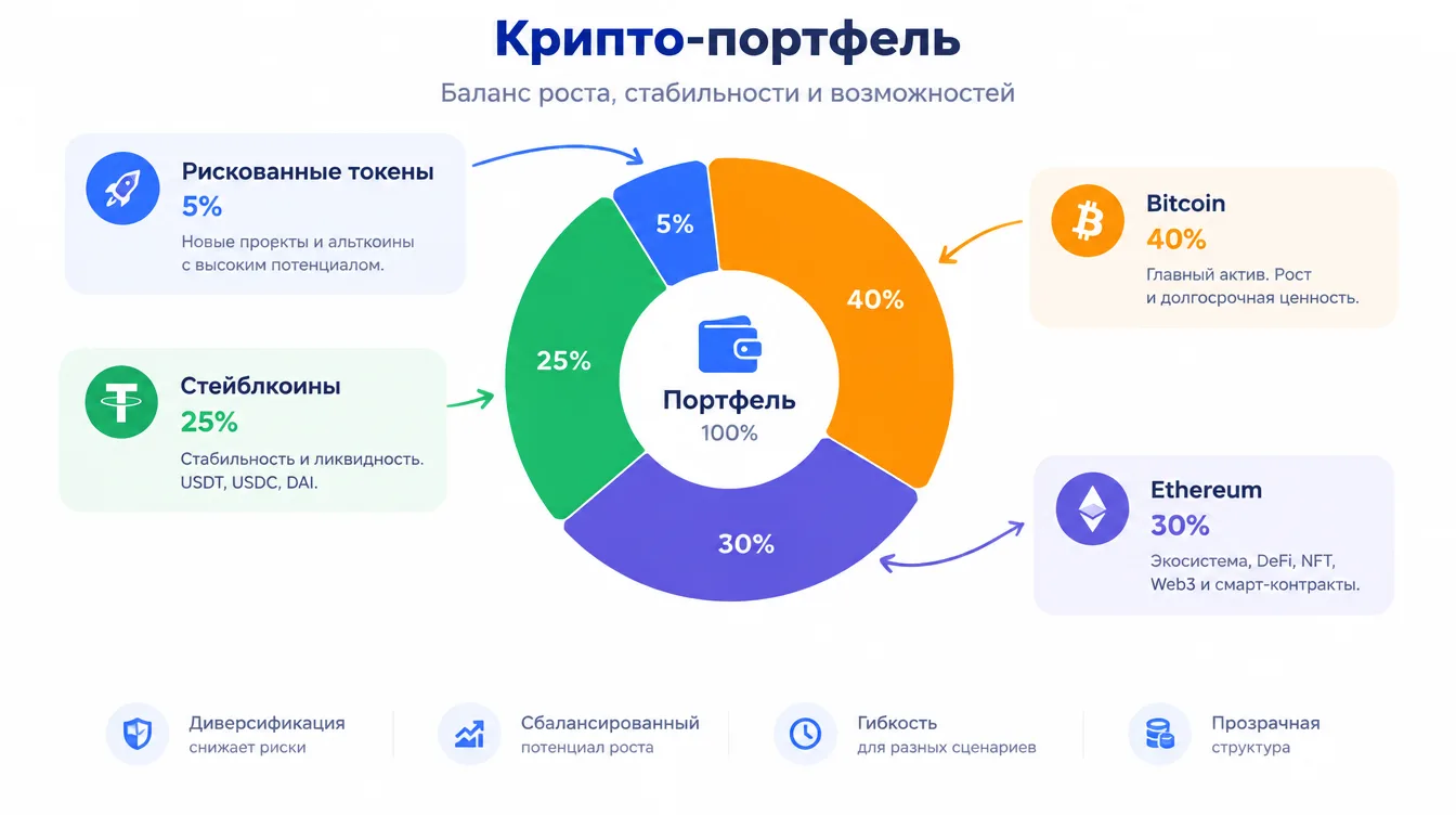 Диаграмма: круговая схема портфеля с долями Bitcoin, Ethereum, стейблкоинов и небольшим сегментом рискованных токенов