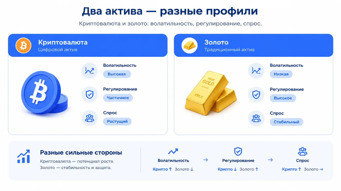 Сравнительная схема: два актива — криптовалюта и слиток золота, с метками волатильности, регулирования и спроса