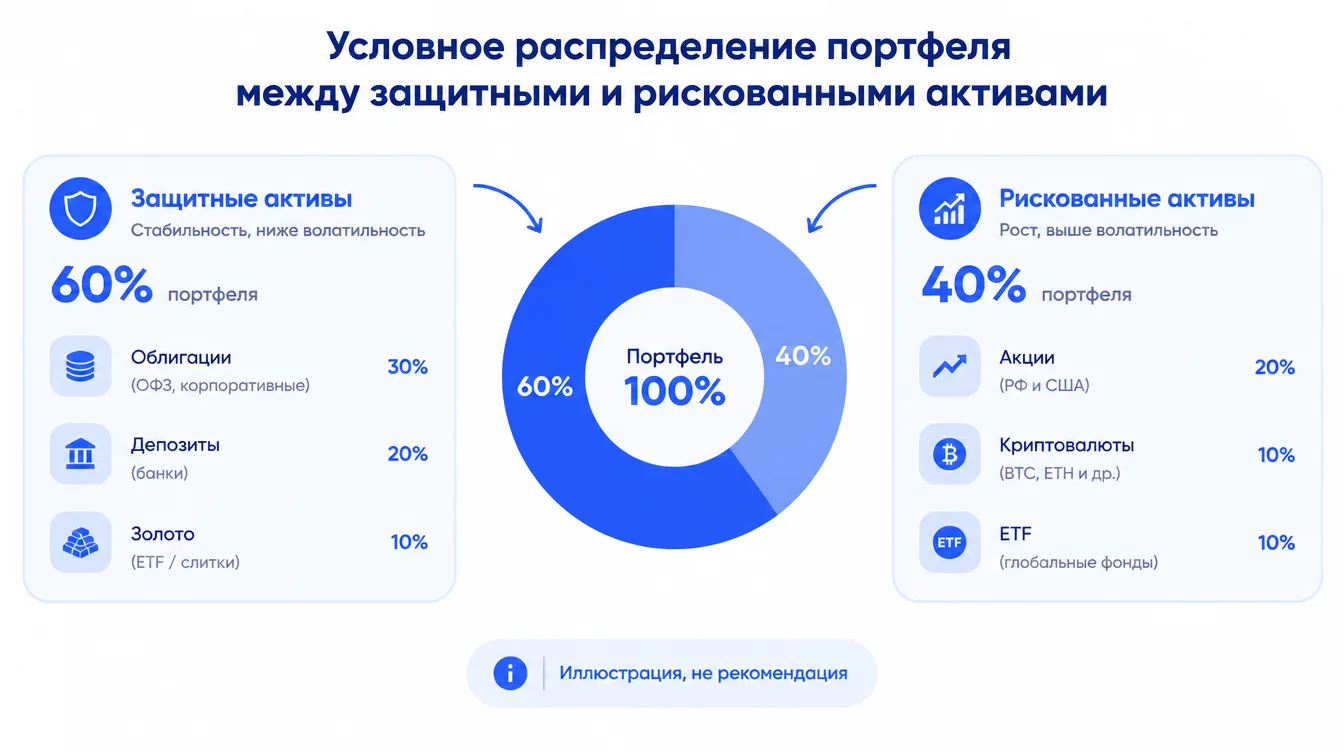 Диаграмма: условное распределение портфеля между защитными и рискованными активами с пометкой «иллюстрация, не рекомендация»