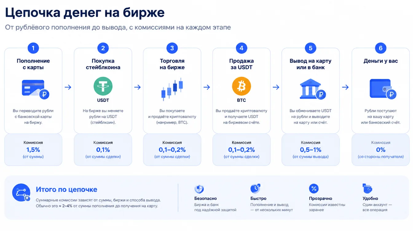Схема: цепочка денег на бирже от рублёвого пополнения до вывода, с пометками о комиссиях на каждом этапе