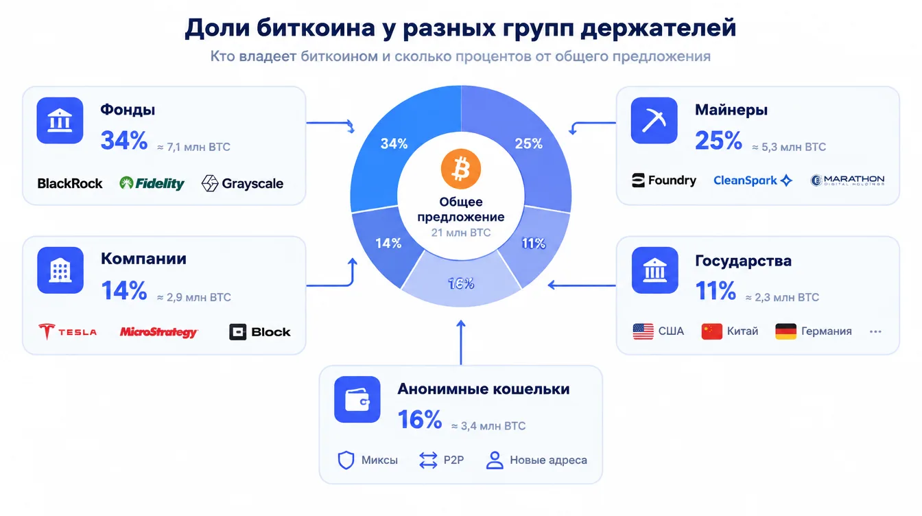 Диаграмма: доли биткоина у разных групп держателей — фонды, компании, майнеры, государства, анонимные кошельки